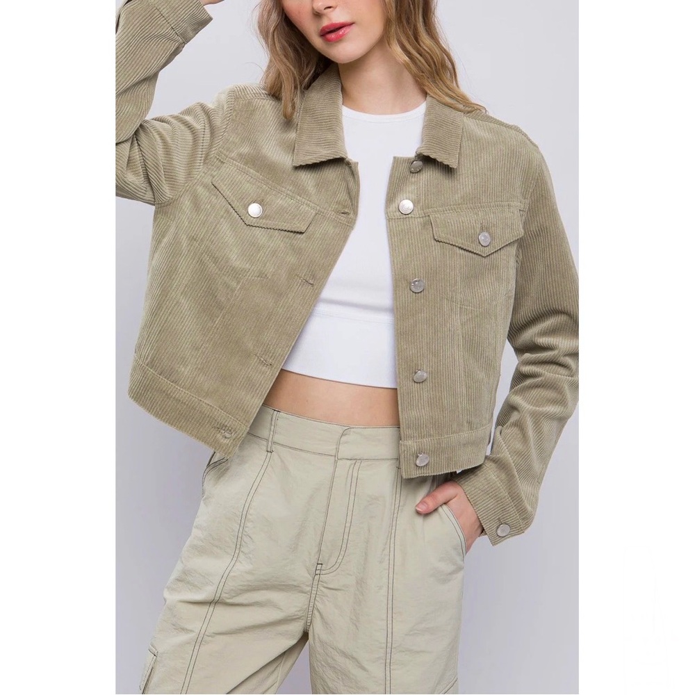 Corduroy Light Sage Green Jacket Pong Sleeve Cropped Button Up size small